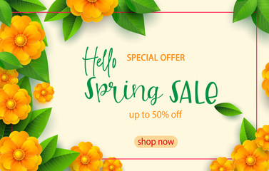 Spring sale banner template with paper cut flower for online woman shopping, vector illustration. Spring sale. Place for your text. Vector