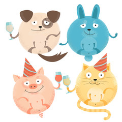 set of 4 Cheerful round animals on holiday with glasses in festive caps. Happy smiling dog, rabbit, cat, pig. Flat textured illustration in cartoon style for social media, poster,greeting card, banner