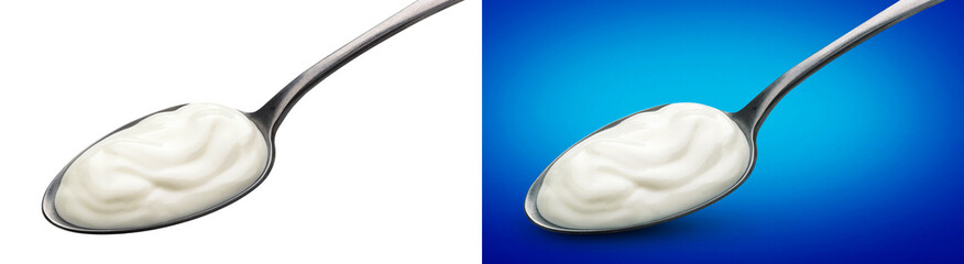 Spoon of sour cream isolated on white and blue backgrounds