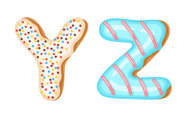 Donut icing upper latters - Y, Z Font of donuts. Bakery sweet alphabet. Donut alphabet latters A b C isolated on white background