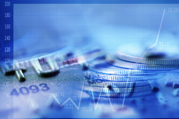 Double exposure Rows of coins of cash,money, dollar on the table,finance and business concept,Tex time soft focus and blurred style,dark tone.