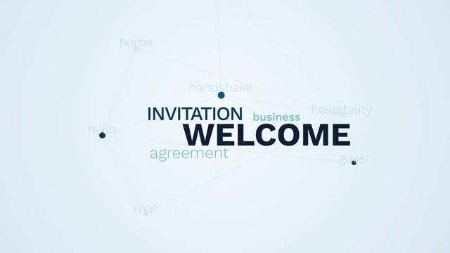 welcome invitation agreement business hospitality greeting handshake guest hello mat home animated word cloud background in uhd 4k 3840 2160.