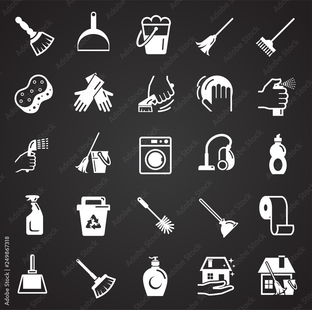 Poster cleaning icons set on black background for graphic and web design, modern simple vector sign. intern