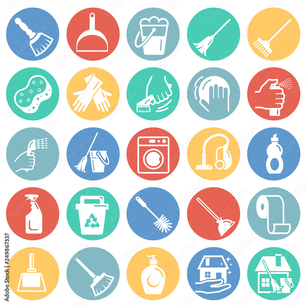 Fototapete cleaning icons set on color circles white background for graphic and web design, modern simple vecto
