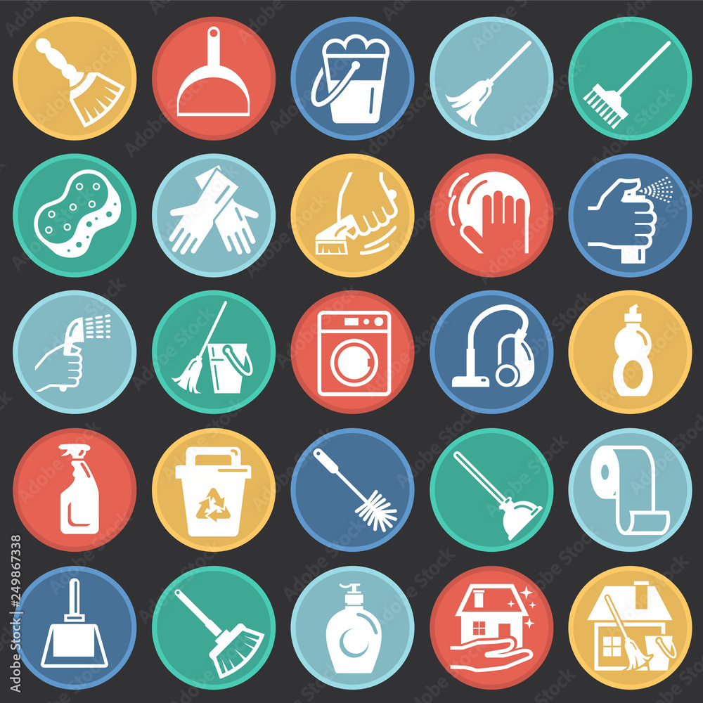 Poster cleaning icons set on color circles black background for graphic and web design, modern simple vecto