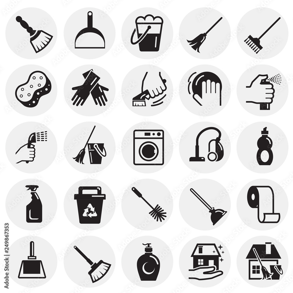 Fototapete cleaning icons set on circles background for graphic and web design, modern simple vector sign. inte