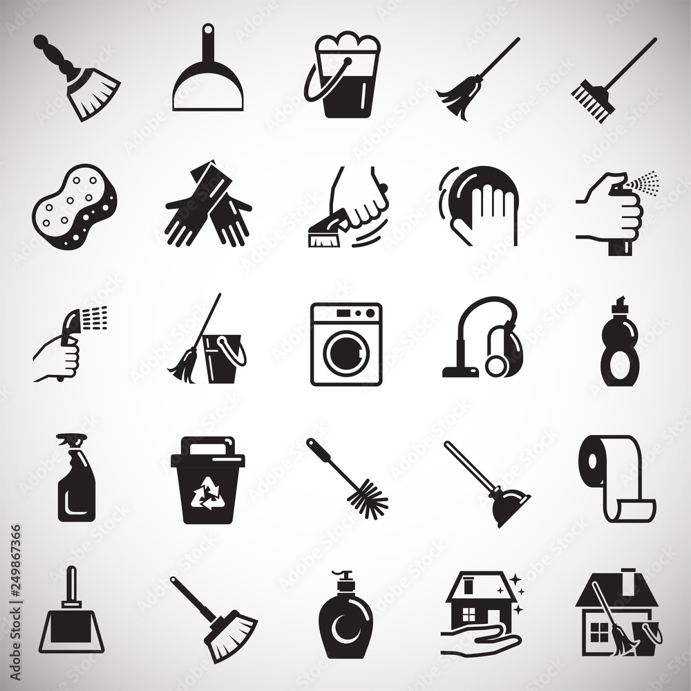 Poster cleaning icons set on white background for graphic and web design, modern simple vector sign. intern