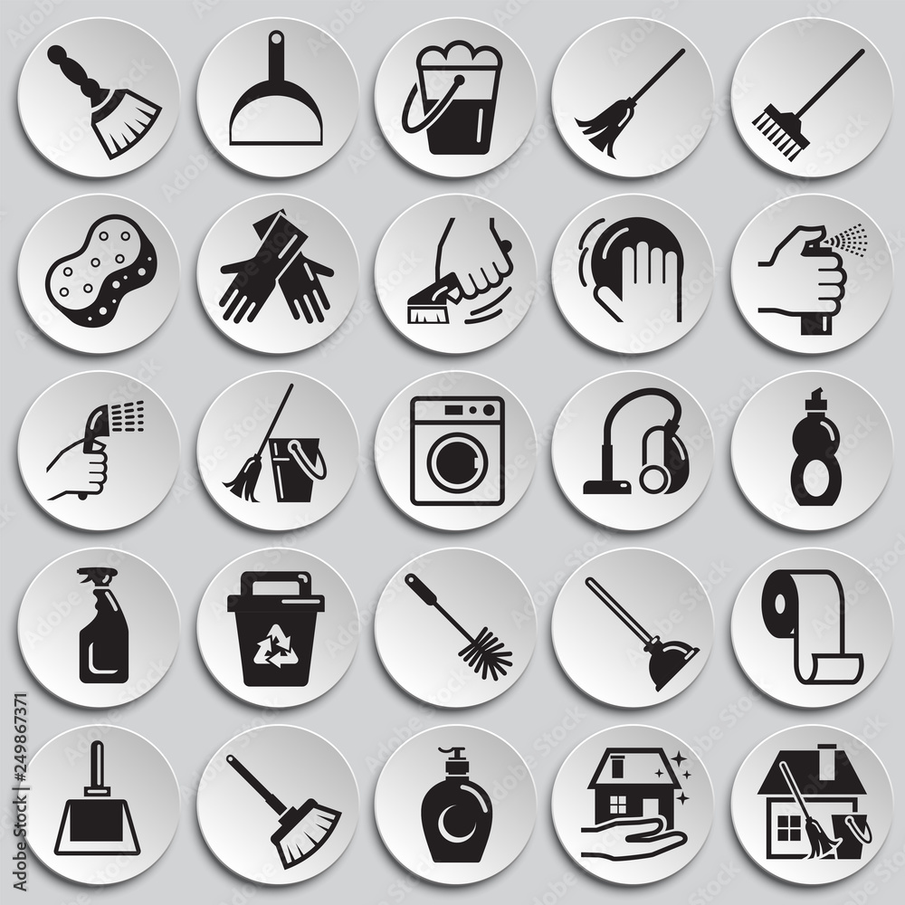 Poster cleaning icons set on plates background for graphic and web design, modern simple vector sign. inter