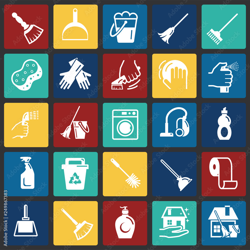 Poster cleaning icons set on color squares background for graphic and web design, modern simple vector sign