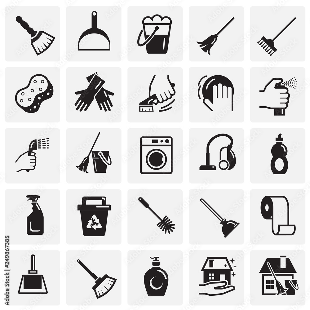 Poster cleaning icons set on squares background for graphic and web design, modern simple vector sign. inte