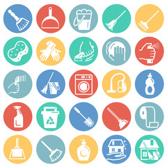 Cleaning icons set on color circles white background for graphic and web design, Modern simple vector sign. Internet concept. Trendy symbol for website design web button or mobile app