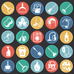 Cleaning icons set on color circles black background for graphic and web design, Modern simple vector sign. Internet concept. Trendy symbol for website design web button or mobile app