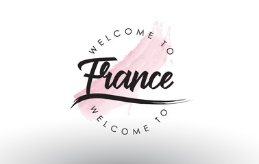 France Welcome to Text with Watercolor Pink Brush Stroke
