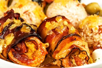 Pork Roll with Rice. Pork with bacon. Home cooking.