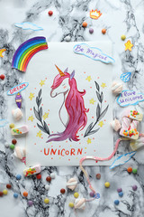 Fototapeta na wymiar unicorn and rainbow. drawing. children's postcard