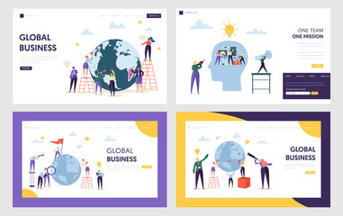 Obraz na płótnie Canvas People Character Make Global Business on Front Earth Landing Page. Male and Female Work for New Idea Set. Creative Teamwork Concept Website or Web Page. Flat Cartoon Vector Illustration