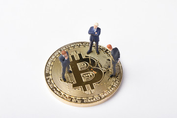Golden Bitcoins. New virtual money. Studio shot