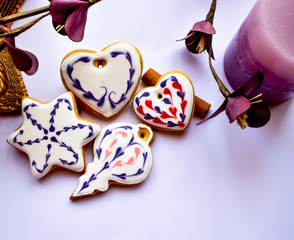 Traditionally decorated Christmas gingerbread cookies background