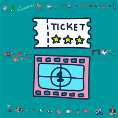 Vector set. Cartoon cute hand drawn Cinema. Colorful detailed, with lots of objects background. Doodle Set. Hand drawn cinema icons doodle