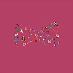 Vector set. Cartoon cute hand drawn Cinema. Colorful detailed, with lots of objects background. Doodle Set. Hand drawn cinema icons doodle