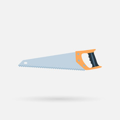 Icon of crosscut hand saw with long steel blade. Tool for cutting wood. Flat vector for promo poster or banner of hardware store