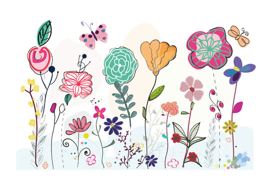 Colorful spring field hand drawn simple floral background