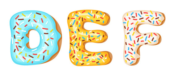 Donut icing upper latters - D, E, F. Font of donuts. Bakery sweet alphabet. Donut alphabet latters A b C isolated on white background