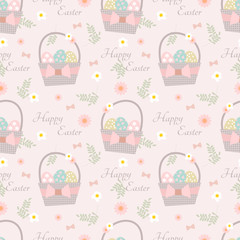 Cute Easter seamless pattern with eggs in basket,