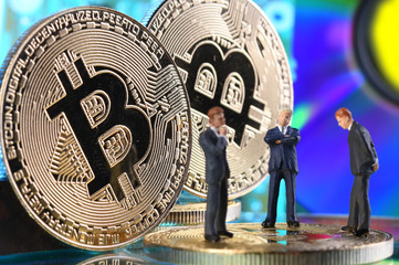 Golden Bitcoins. New virtual money. Studio shot