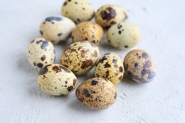 Fototapeta premium Spotted easter quail eggs with selective focus on gray cement textured surface. Little organic group of egg with fragility pattern eggshell. Nature protein ingredients for healthy gourmet breakfast.