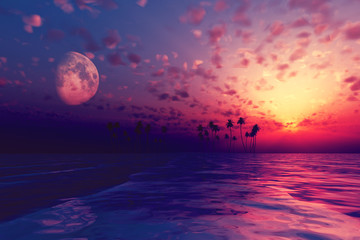 sun and moon behind island