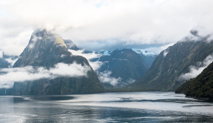 Morning clouds at Mitre Peak in Milford Sound, Fiordland National Park, South Island, New Zealand