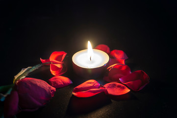 Tea candle, red rose and rose petals on black