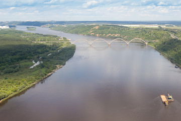 Fototapeta premium View from the plane on the Oka river and the railway bridge near Nizhny Novgorod