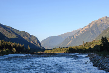 Closeup view river scenes in mountains of national park Dombai, Caucasus