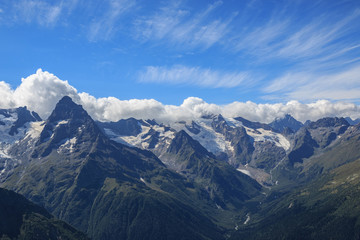 Closeup view mountains scenes in national park Dombai, Caucasus, Russia