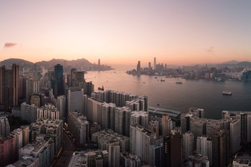 Sunset over Hong Kong and the Victoria harbor