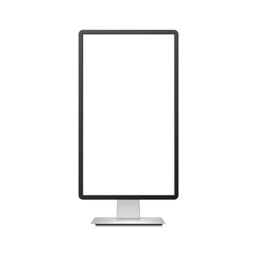 Realistic vertical TV monitor mockup with white screen. Vector.