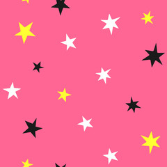 Bright seamless pattern with randomly scattered stars. Girly print. Purple, yellow, black, white.
