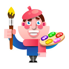 Happy Smiling Boy Artist Character Drawing Picture. Vector Flat Cartoon Illustration