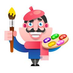 Happy Smiling Boy Artist Character Drawing Picture. Vector Flat Cartoon Illustration