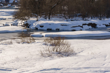 river on a winter day partially covered with ice