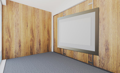 Empty office with wooden walls and a large window. Business background 3D rendering. Blank paintings. mockup