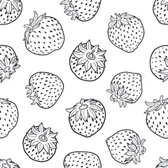 Vector black and white strawberry seamless pattern background. Scattered hand drawn strawberries print is perfect for food packaging, labels, kitchen themed project.