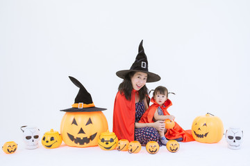 Mother and girl dress up in halloween theme