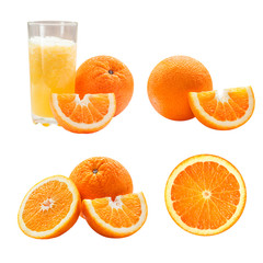 orange fruits set collection isolated on white background. whole oranges, slices with glass of juice