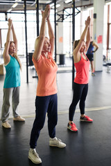 Fototapeta na wymiar Group of active women stretching their arms upwards while standing on the floor and exercising in gym