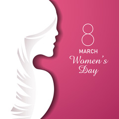 Happy Women is Day greeting card, gift card on pink background with design of a women face and text 8th March Internatinoal women day