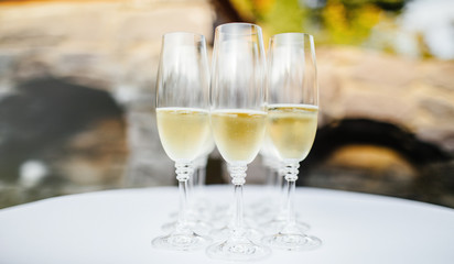 Many glasses of champagne. Selective focus.