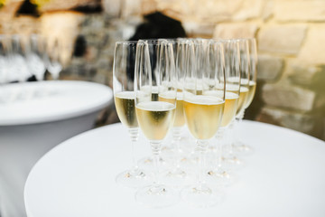 Many glasses of champagne. Selective focus.